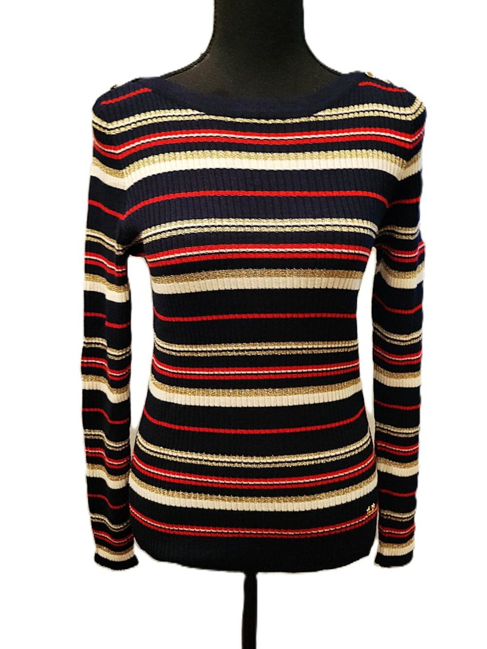 Luisa Spagnoli Striped Navy/Red/Gold/White Boat-Neck Sweater - M